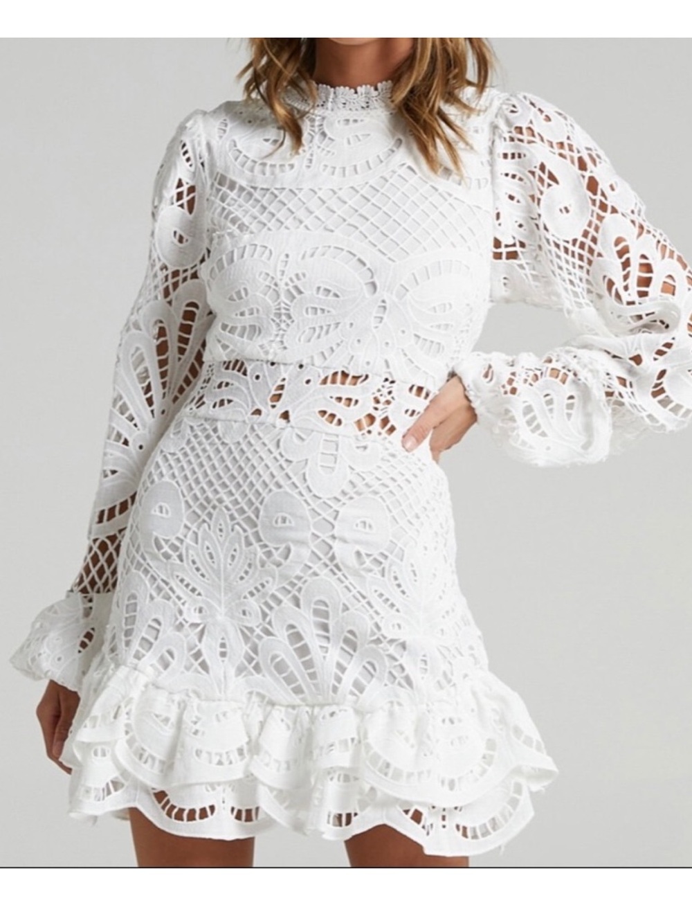 Showpo Kiss Me Now Dress White Lace Eyelet puff sleeve Dress Size 12 New - Picture 3 of 15
